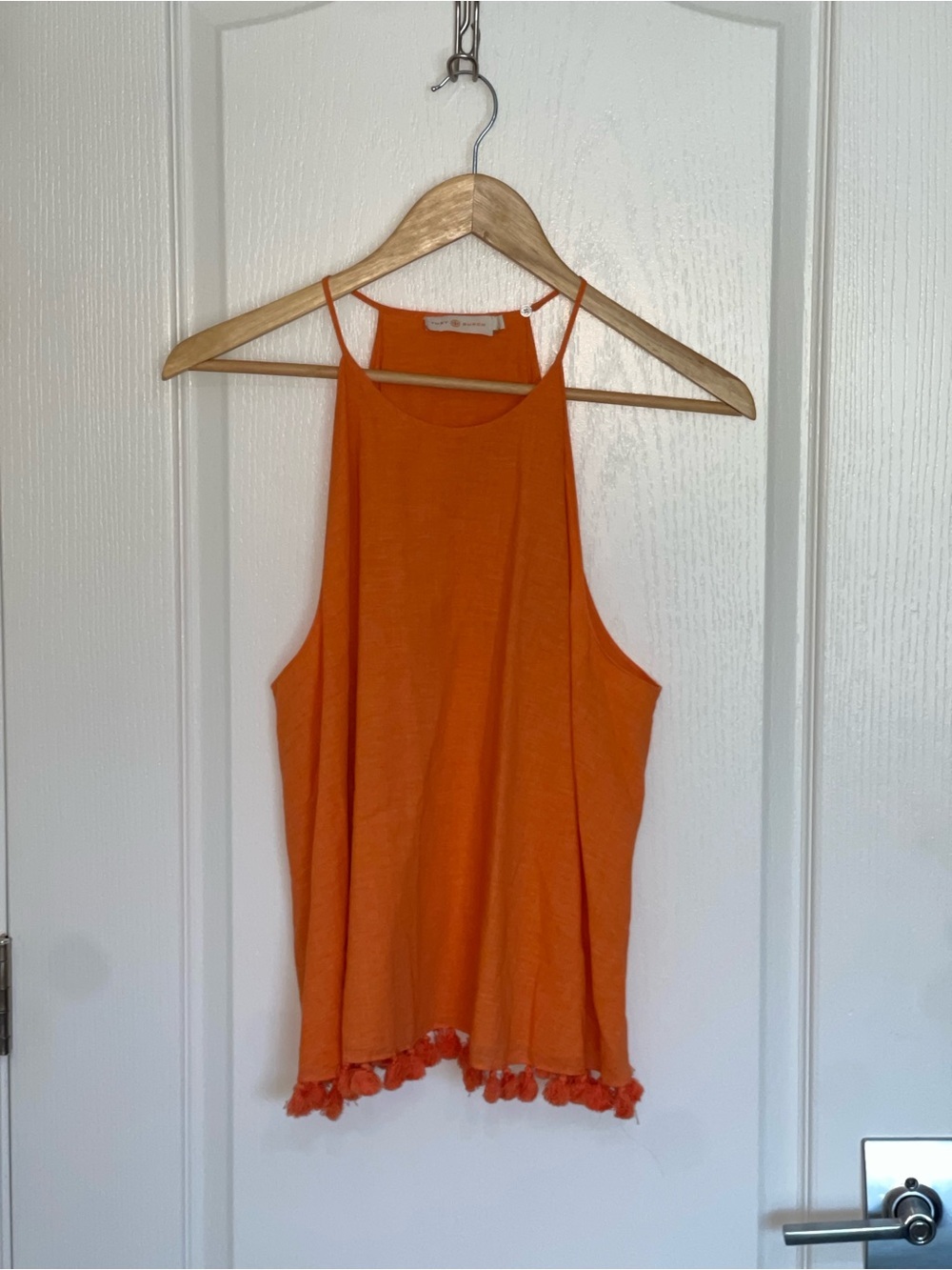 TORY BURCH Orange Pom-Pom Hem Frill Halter Tank Top 100% Cotton Sz 12 - Picture 3 of 10